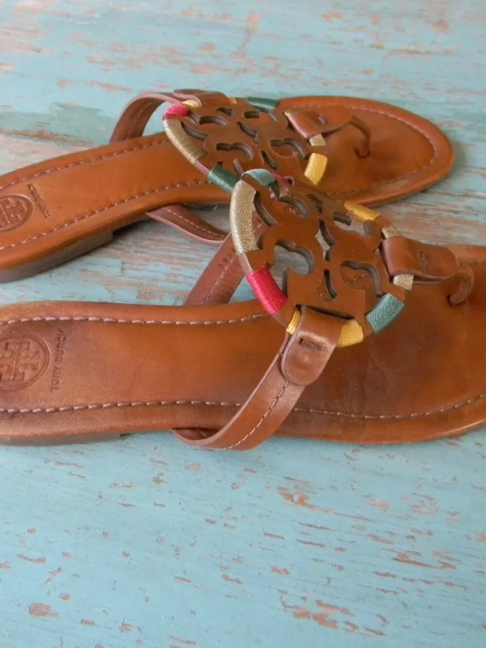 Tory Burch Embroidered Rainbow BROWNLEATHER Miller Sandals  Size 9M